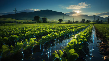 Green Lettuce Plantation in the morning light with mountain backgroundの素材