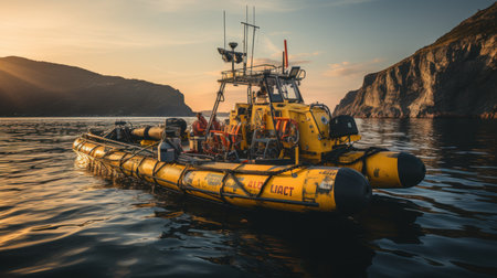 Rescue boat in the sea at sunset. Rescue boat.の素材