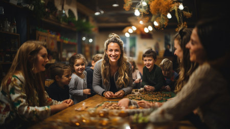 Group of happy kids having fun in a cafe, playing with sweetsの素材