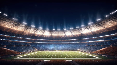 Large football stadium with bright lights and markings 3D rendering toned imageの素材