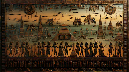 Ancient Egyptian hieroglyphs on the wall of the temple.の素材