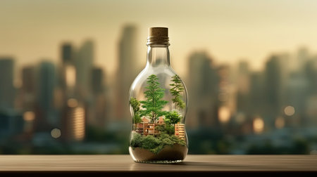 Ecology concept. Glass bottle with green plant inside. 3d renderの素材