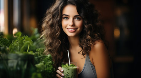 Beautiful young woman with green smoothie in glass, closeupの素材