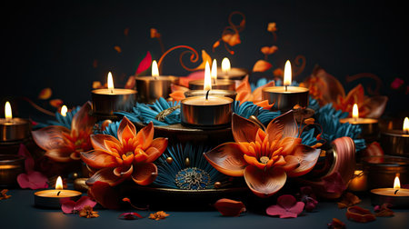 Beautiful spa composition with burning candles and flowers on blue background.の素材