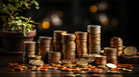 Coins stacked on each other, piles of coins arranged as a graph, business growth concept ideaの素材