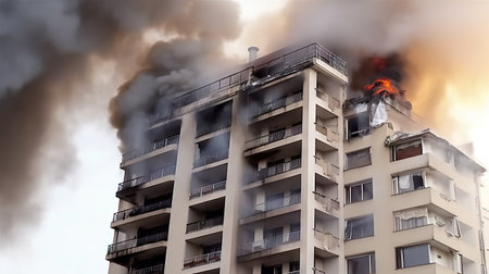 Burning apartment building with smoke in the air. 3d renderingの素材