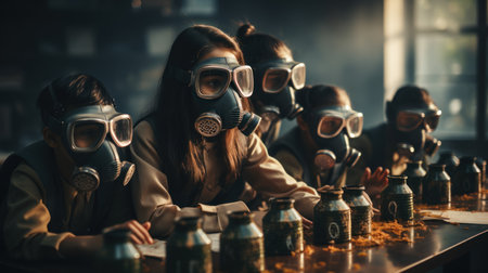 Group of children in science class wearing gas mask and having fun during chemical experimentの素材