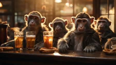 Group of monkeys with glasses of beer in a pub or restaurant.の素材