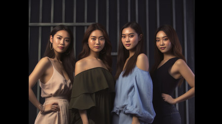 group of beautiful asian women standing in the dark, lifestyle conceptの素材