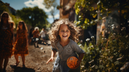 Cute little girl with curly hair playing with soccer ball in the garden.の素材