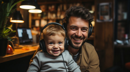 happy father and son in headphones listening to music in cafe, fatherhood conceptの素材