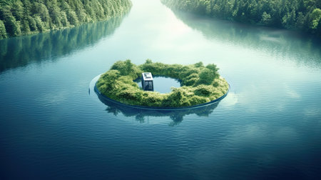3d rendering of a little island in the middle of the lakeの素材