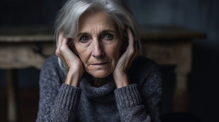 Portrait of a sad senior woman sitting at home in her living roomの素材