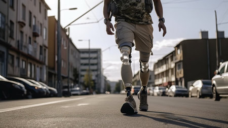 Young man with prosthetic leg walking on the street, close upの素材