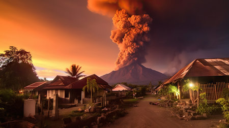 Volcano eruption at sunset in Bali, Indonesia. View from the village.の素材