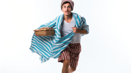 Man in dressing gown and hat holding a picnic basket on white backgroundの素材