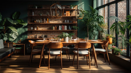 Interior of modern dining room with wooden table and chairs. 3d renderの素材