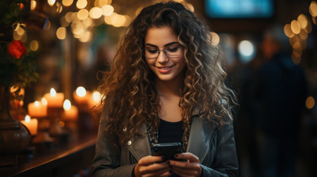 Beautiful young woman with curly hair using smartphone in a cafe.の素材