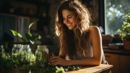 smiling young woman holding glass jars with fresh green salad at kitchenの素材