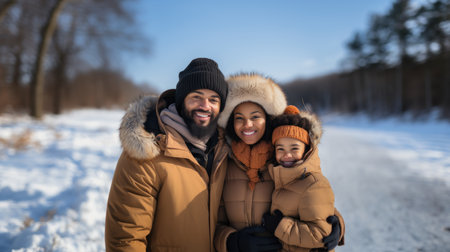 happy family in winter clothes having fun on snowy field at cold dayの素材