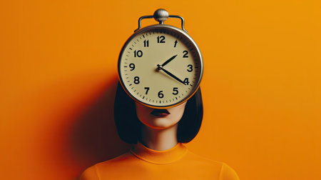 Portrait of a beautiful young woman in an orange T-shirt with a clock in her hands.の素材