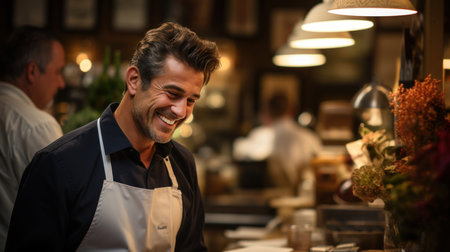 Portrait of a smiling male chef in apron standing in a cafeの素材