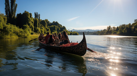 Fishermen on a boat on the Danube River in Romaniaの素材
