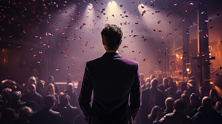 Rear view of businessman looking at crowd at night club with confettiの素材