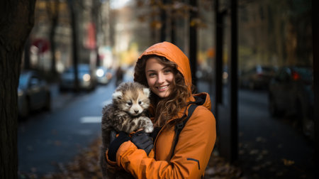 Young woman with a puppy in her arms on an autumn city streetの素材