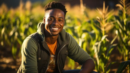 Portrait of smiling african american farmer sitting in corn fieldの素材