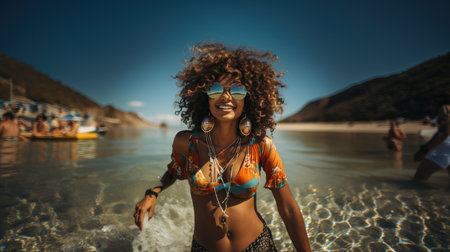 Beautiful Afro American woman in bikini and sunglasses on the beachの素材