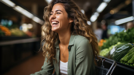 Portrait of smiling young woman with shopping cart in grocery store.の素材