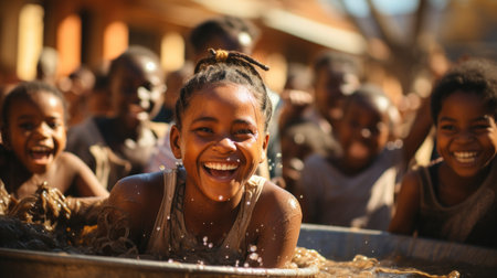 Portrait of a smiling young woman taking a bath at the Masai Mara, Kenyaの素材