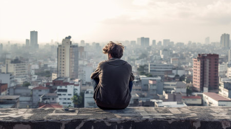 Young man sitting on the edge of a building and looking at the cityの素材