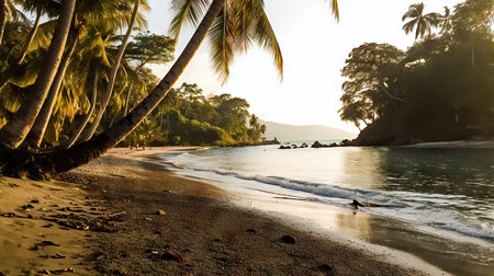 Tropical beach with palm trees at sunset, Seychellesの素材