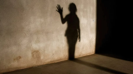 Shadow of a woman in front of a wall in a dark roomの素材