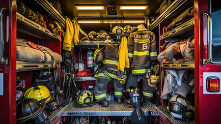Fire fighting equipment in a fire truck. Firefighters and emergency vehicles.の素材