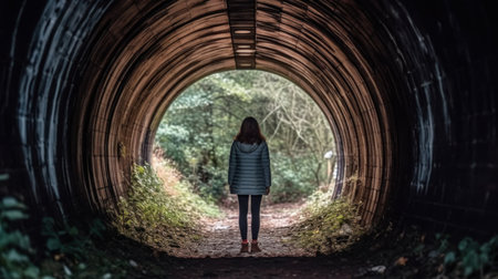 A young woman is standing in a tunnel in the middle of the forestの素材