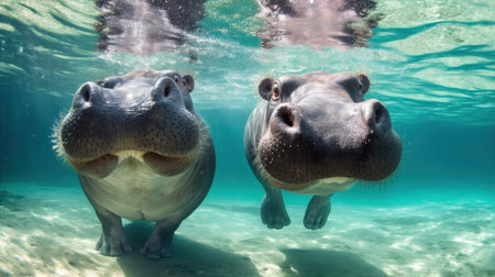 Hippos swimming underwater in the ocean. Hippopotamus, Hippopotamus amphibiusの素材