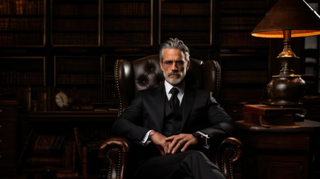 Portrait of a senior lawyer sitting in an armchair. Law concept.の素材