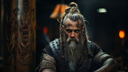 Portrait of a brutal bearded man with tattoos on his arms.の素材
