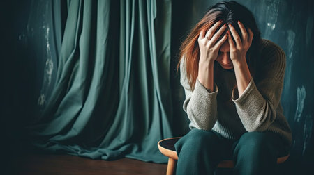 depressed young woman sitting on chair in dark room with green curtainsの素材
