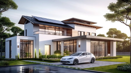 3d rendering of a modern house with solar panels on the roofの素材