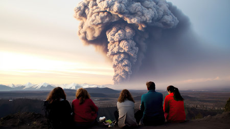 Group of people watching the eruption of volcano Bromo, Java, Indonesiaの素材