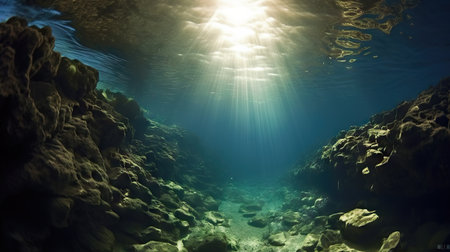 Underwater view of the seabed and sunbeams.の素材