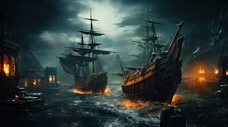Medieval battle scene with two old ships at night. 3D renderingの素材