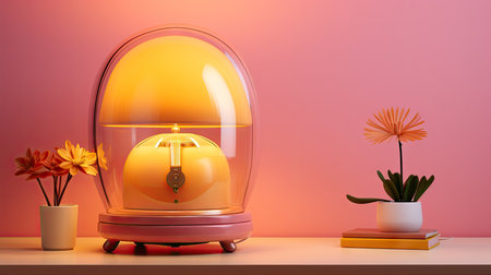3d rendering of a decorative lamp in a room with flowers.の素材