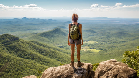 Young woman hiker standing on the edge of cliff and looking into the valleyの素材