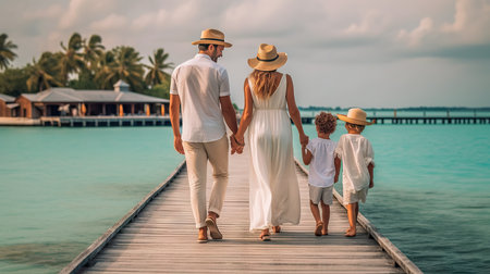Happy family on vacation at Maldives. Mother, father and son having fun on a tropical beachの素材