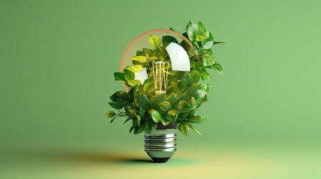Idea lightbulb with green leaves. 3D rendering.の素材
